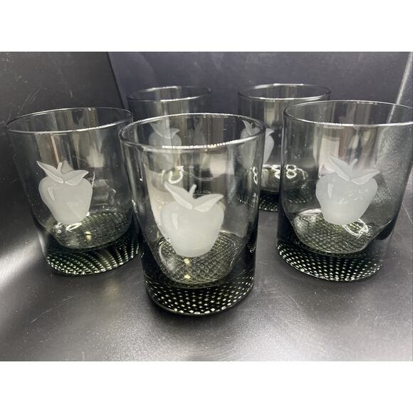 Smoke Gray Lowball Old Fashioned Etched Fruit Juice Barware Whiskey Set Of 5 - Picture 4 of 14